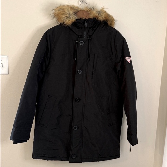 GUESS Classic Black Coat faux fur hood heavyweight warmth pockets butto zip XL - Picture 1 of 15